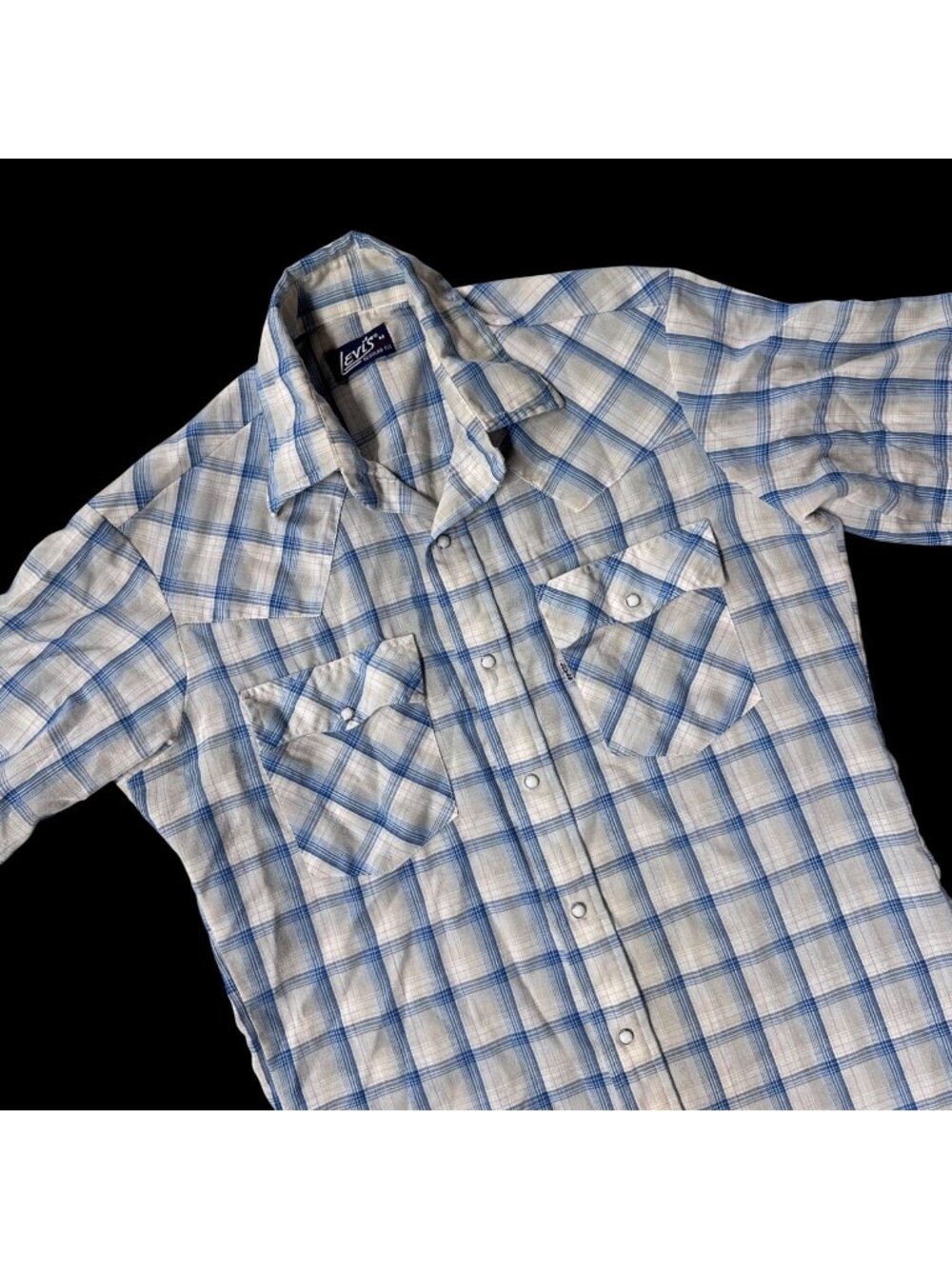 Vintage Plaid Pearl Snap Shirt Levis 70s Blue Beige Short Sleeve Western Medium
